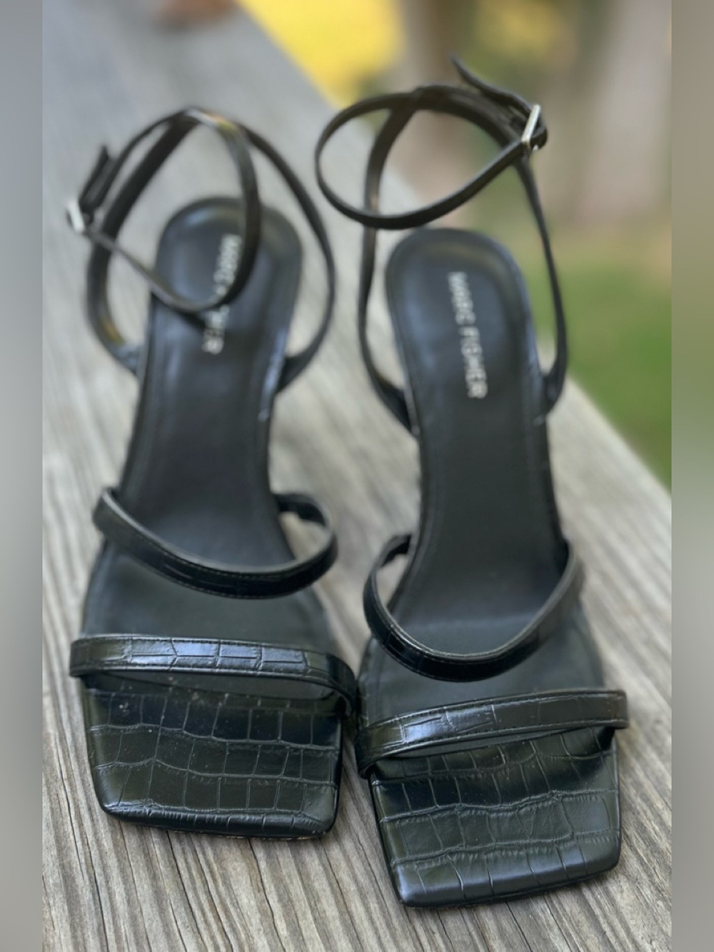 Marc Fisher Black Croc-Embossed Strappy Square-Toe Heels